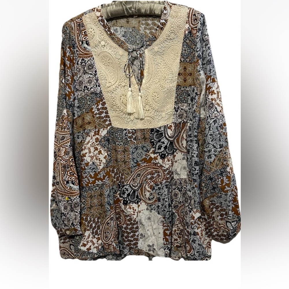 Mystree Top L  Paisley Boho Hippie Flowy Fairycore Tassels Peasant Shirt Blouse